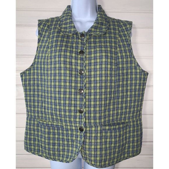 Christopher & Banks Sz LARGE Vest Cotton Green Plaid Button Front Quilted EUC - Picture 3 of 9